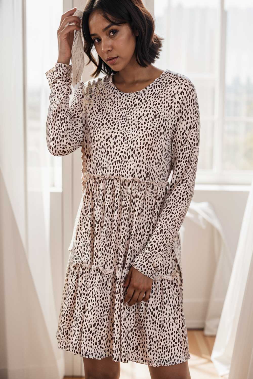 loose leopard print v neck dress drop shoulder a line closed cape paneled 133217