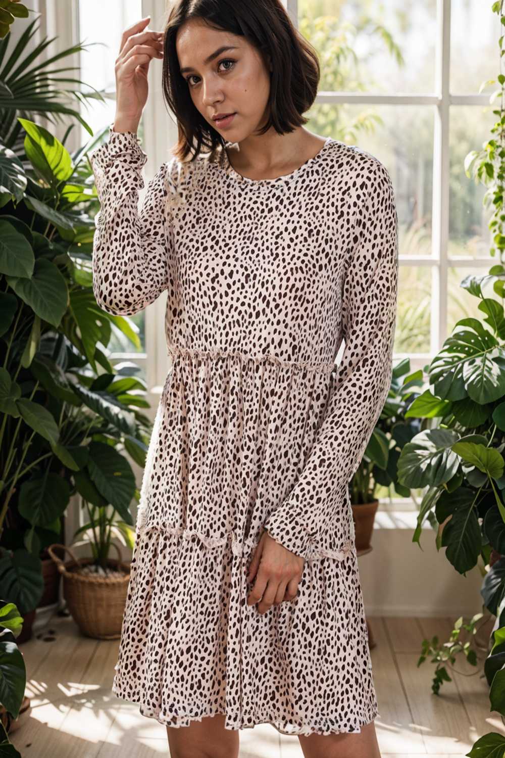 loose leopard print v neck dress drop shoulder a line closed cape paneled 118091