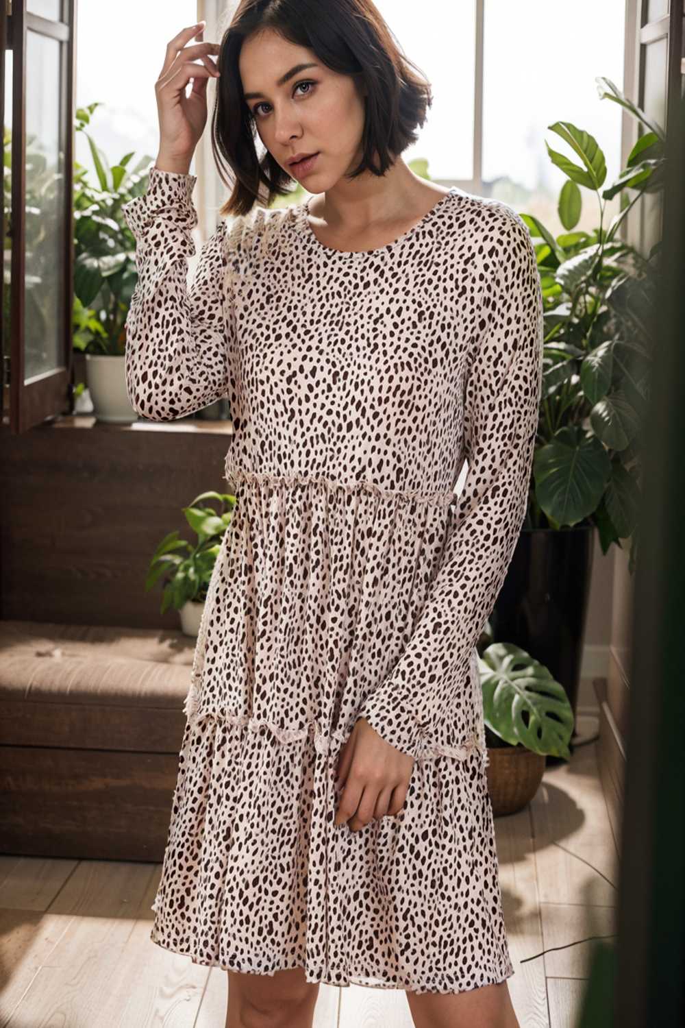 loose leopard print v neck dress drop shoulder a line closed cape paneled 143635
