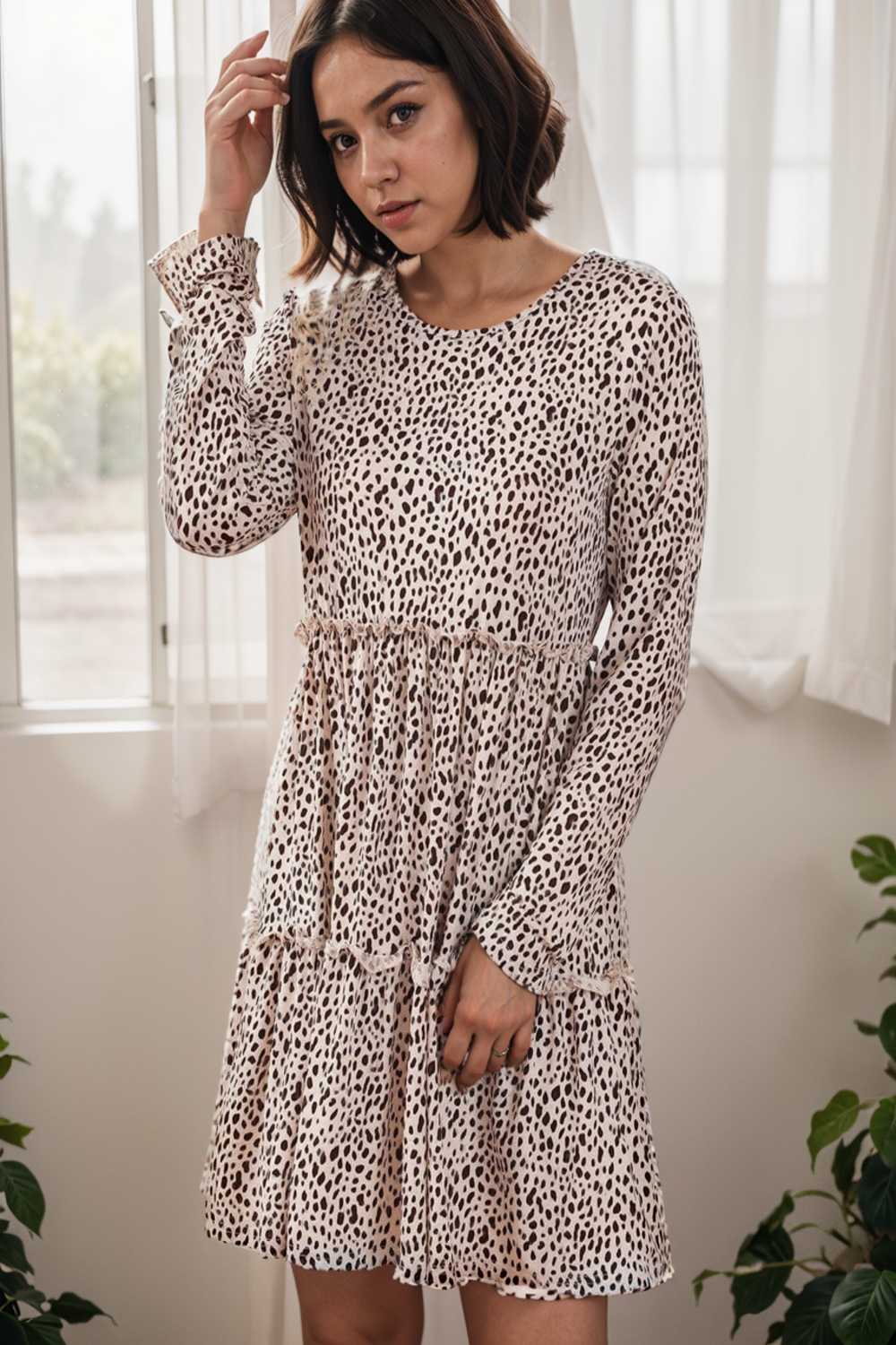 loose leopard print v neck dress drop shoulder a line closed cape paneled 118090