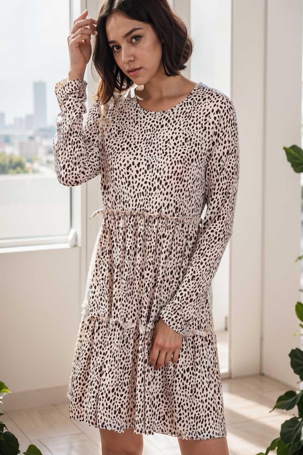 loose leopard print v neck dress drop shoulder a line closed cape paneled 133216
