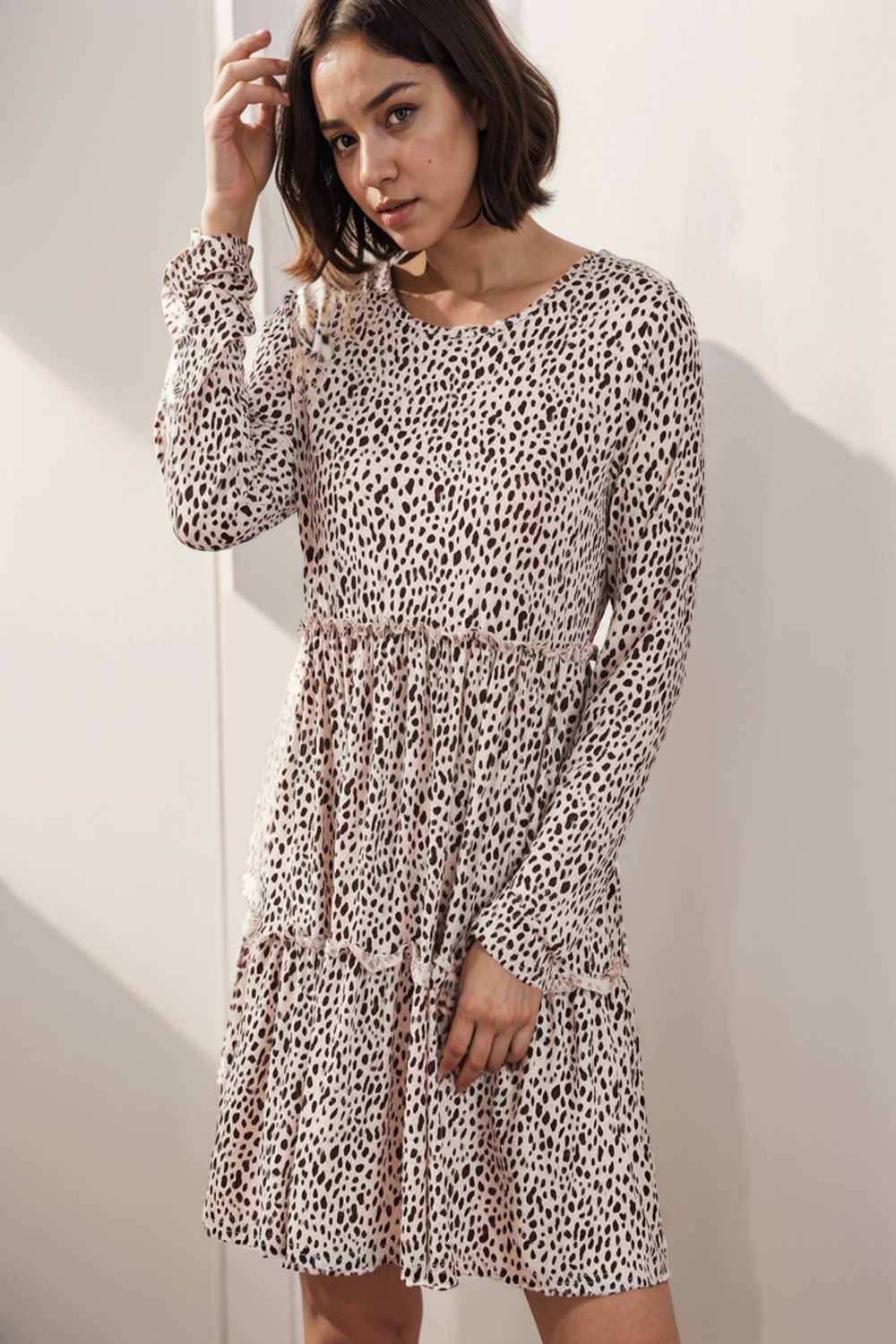 loose leopard print v neck dress drop shoulder a line closed cape paneled 118089