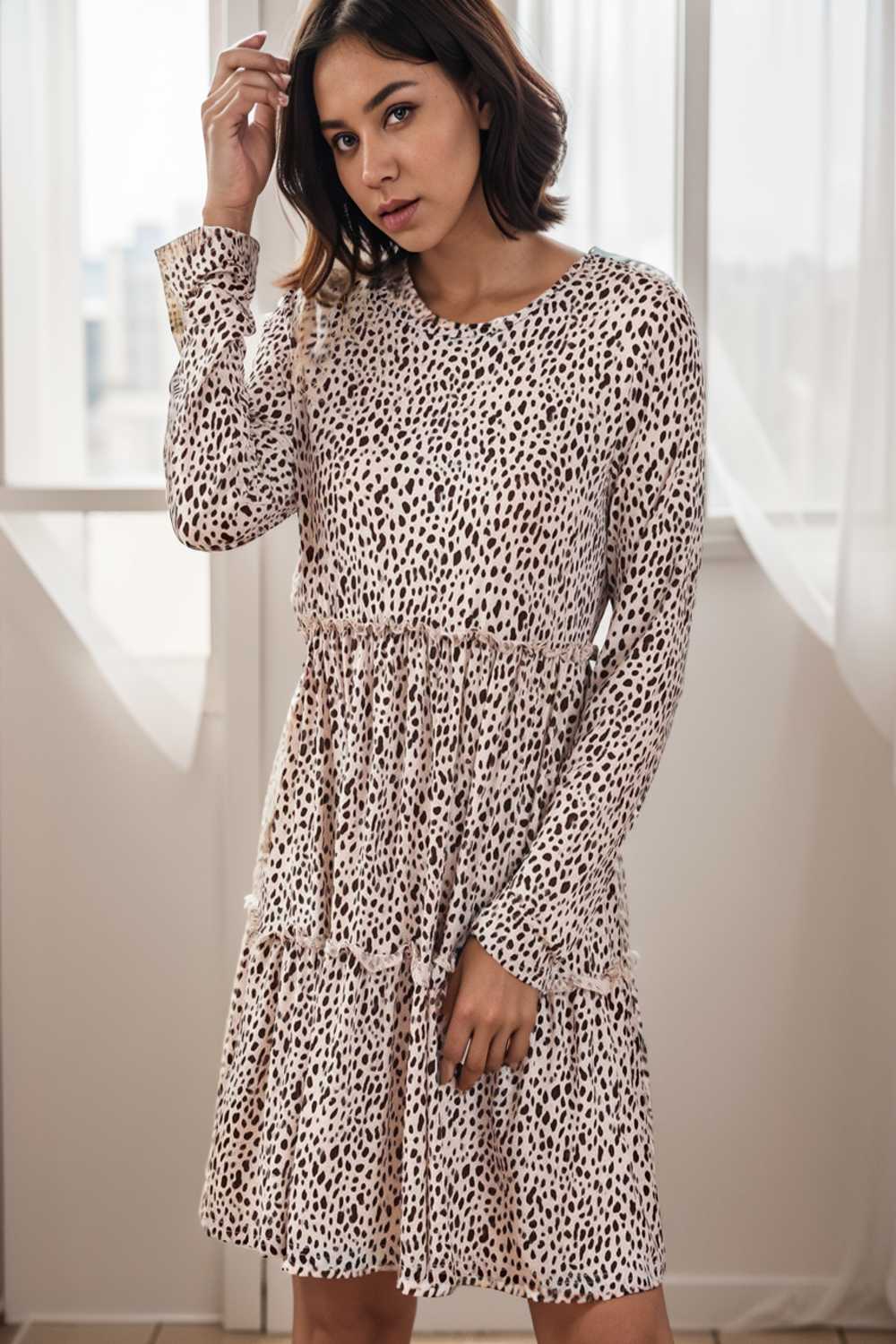 loose leopard print v neck dress drop shoulder a line closed cape paneled 143634