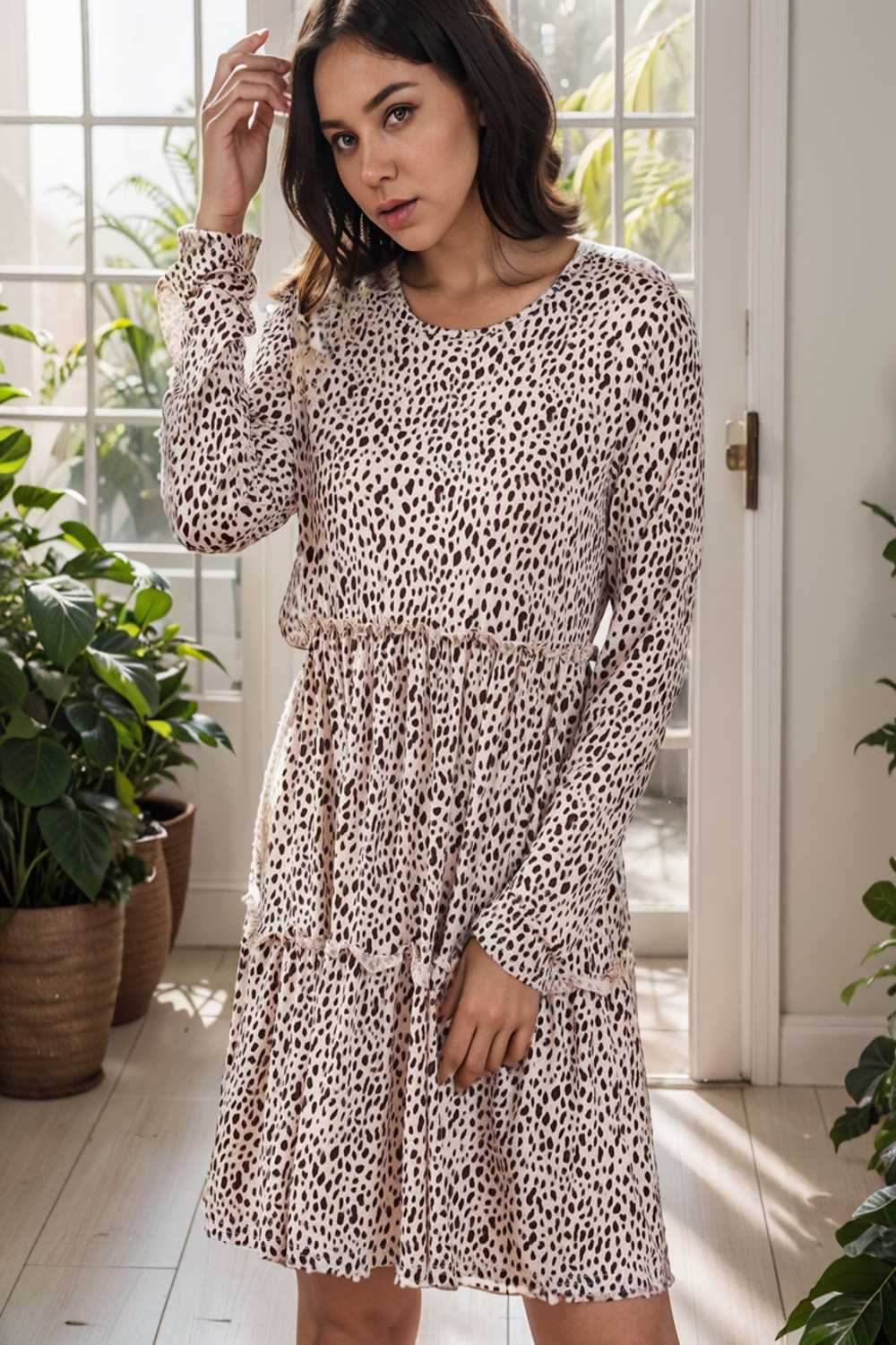 loose leopard print v neck dress drop shoulder a line closed cape paneled 143633