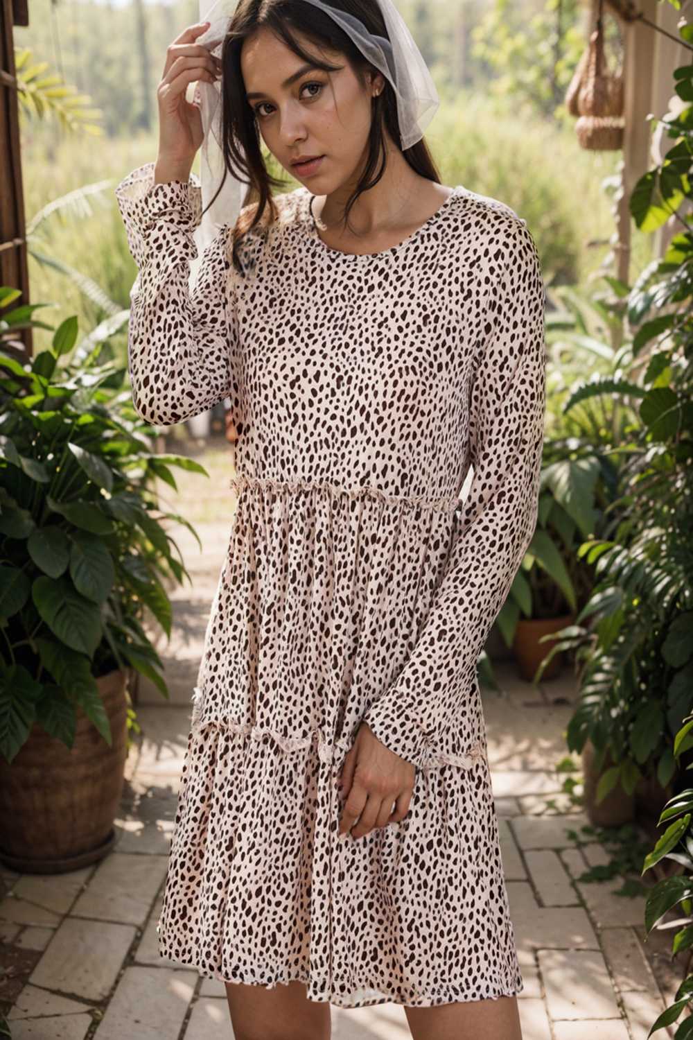 loose leopard print v neck dress drop shoulder a line closed cape paneled 118088