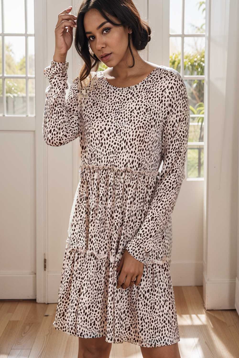 loose leopard print v neck dress drop shoulder a line closed cape paneled 143630