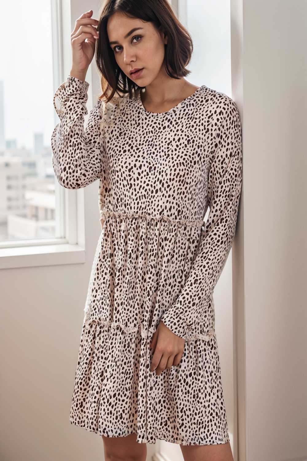 loose leopard print v neck dress drop shoulder a line closed cape paneled 143629