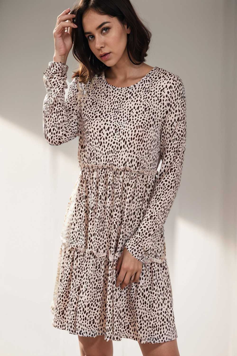 loose leopard print v neck dress drop shoulder a line closed cape paneled 143628