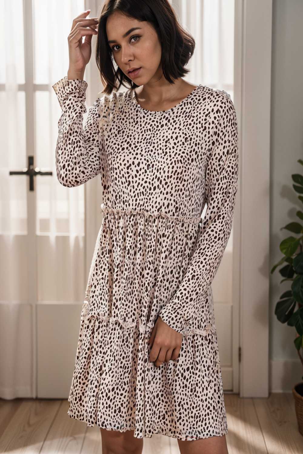 loose leopard print v neck dress drop shoulder a line closed cape paneled 143627