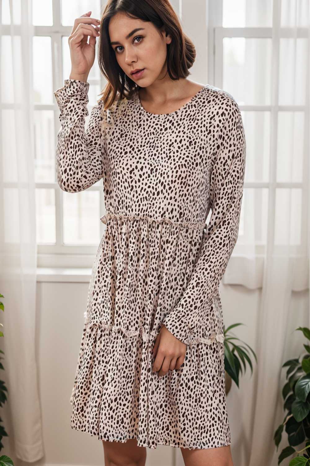 loose leopard print v neck dress drop shoulder a line closed cape paneled 143625