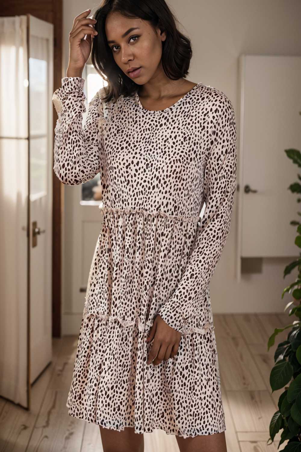 loose leopard print v neck dress drop shoulder a line closed cape paneled 143624