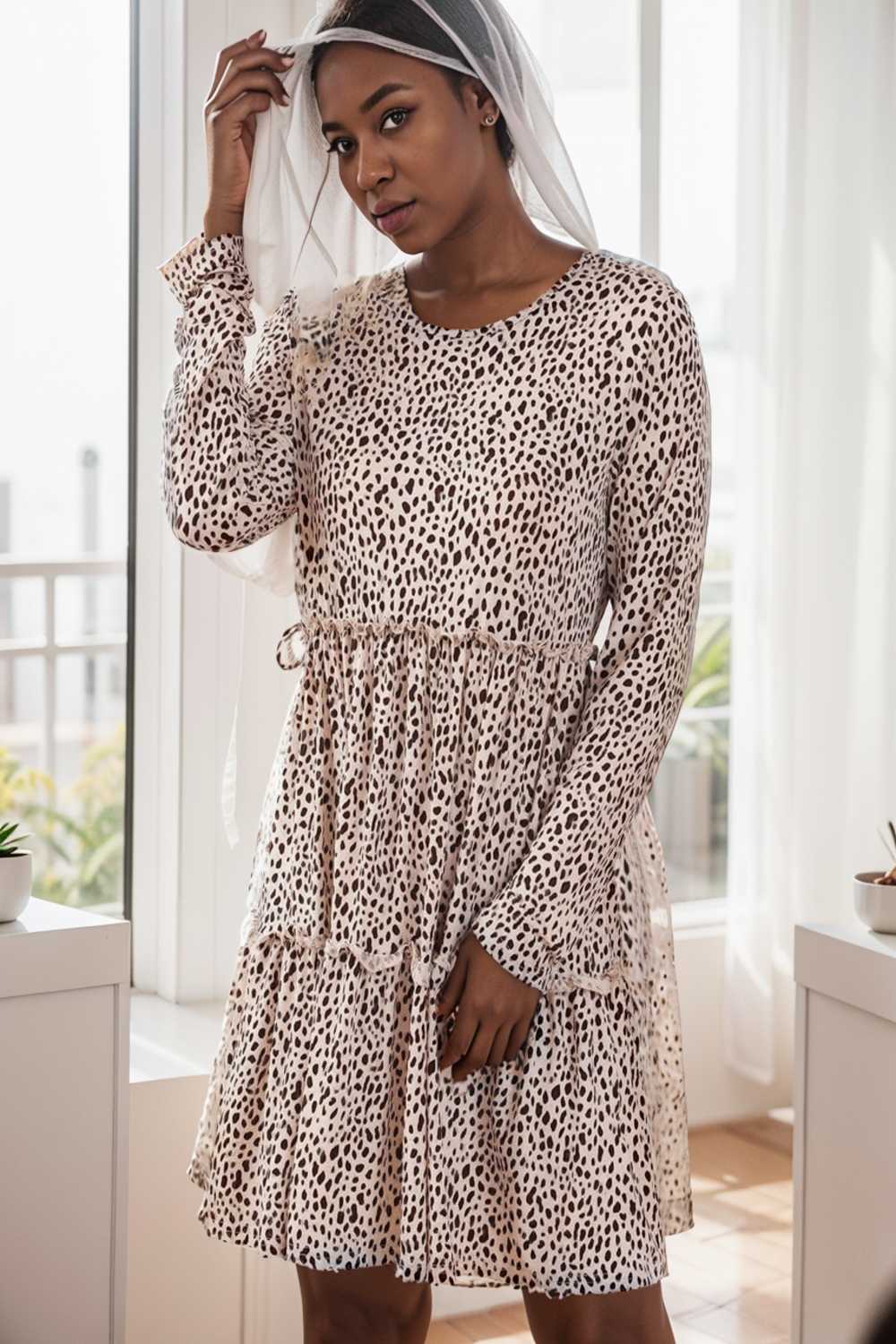 loose leopard print v neck dress drop shoulder a line closed cape paneled 143623