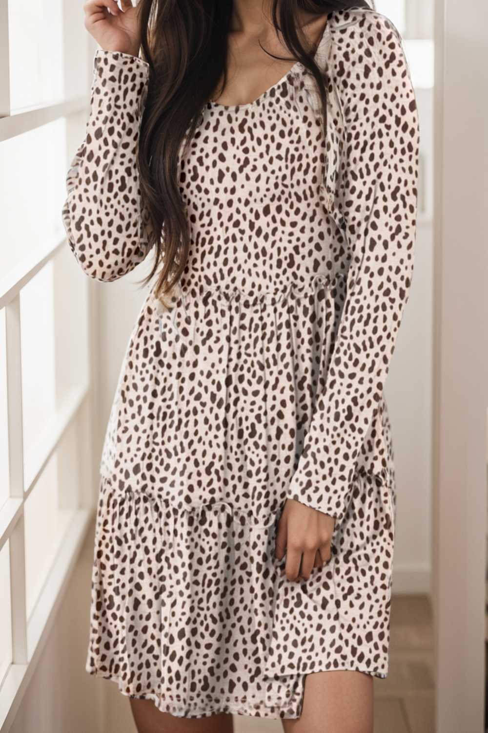 loose leopard print v neck dress drop shoulder a line closed cape paneled 110880
