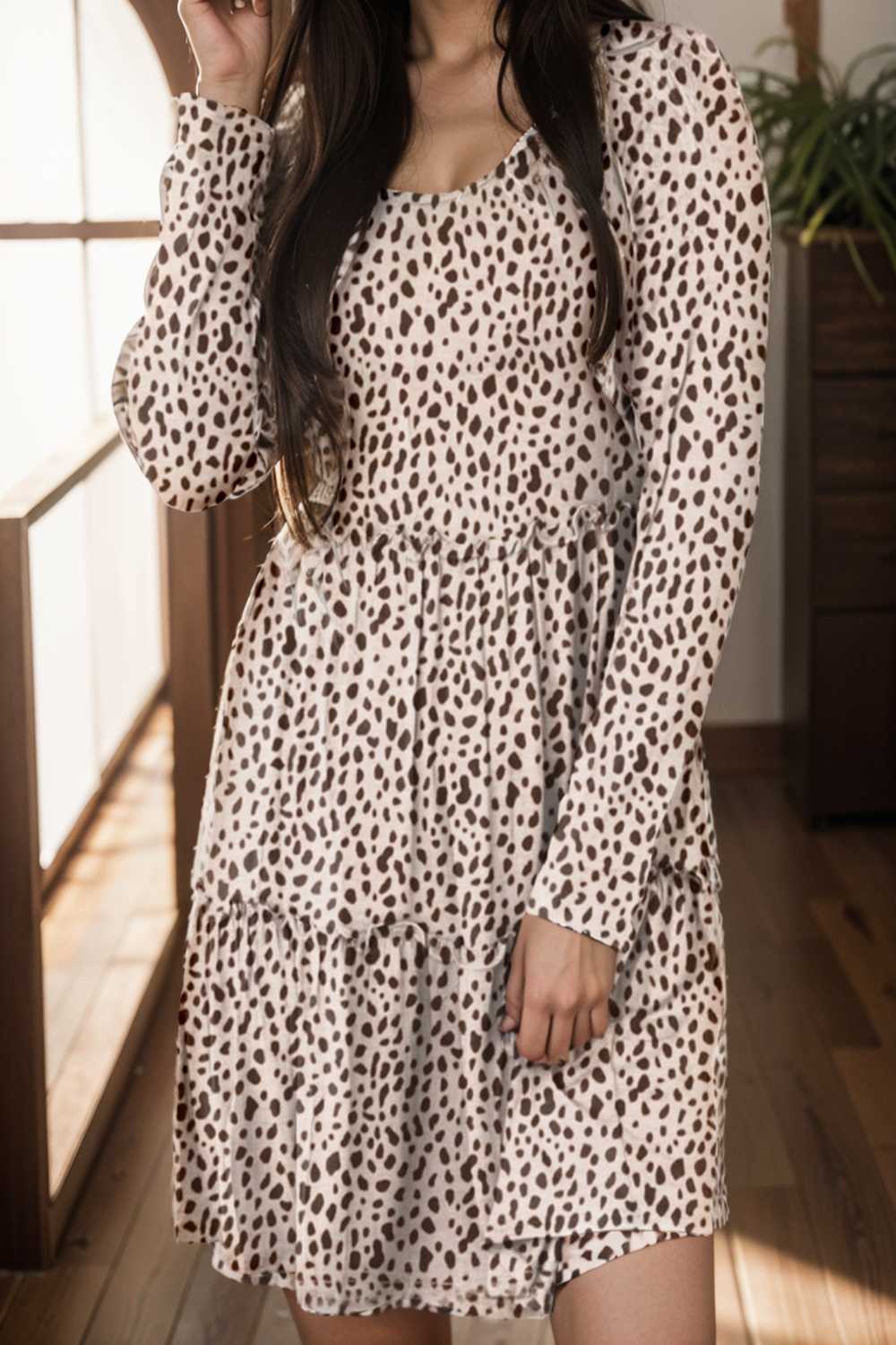 loose leopard print v neck dress drop shoulder a line closed cape paneled 135738