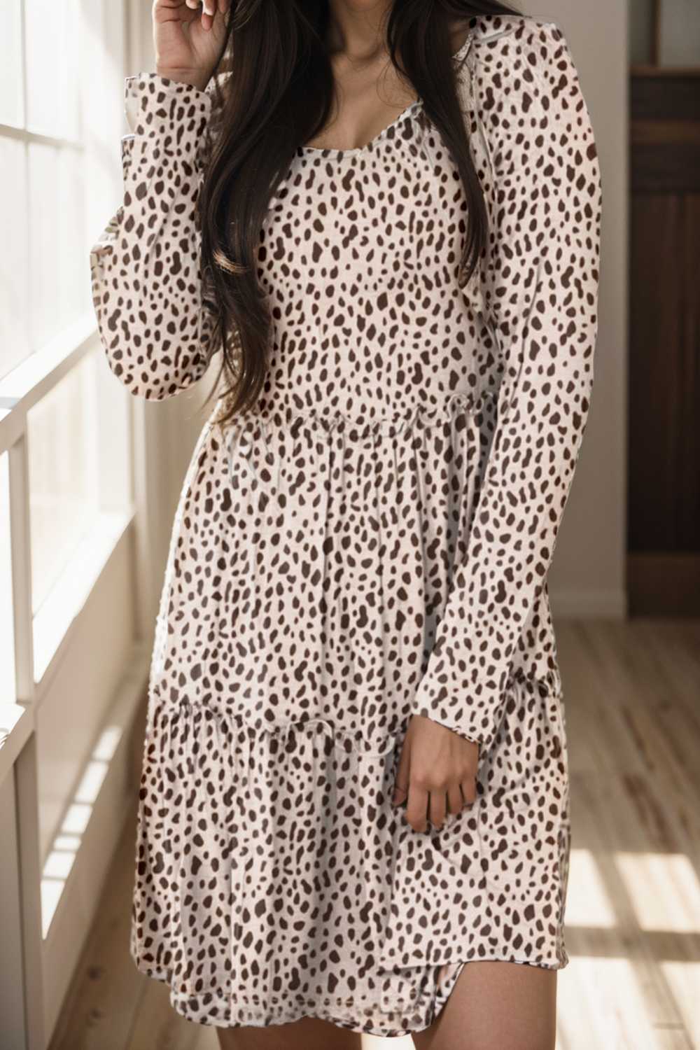 loose leopard print v neck dress drop shoulder a line closed cape paneled 149698