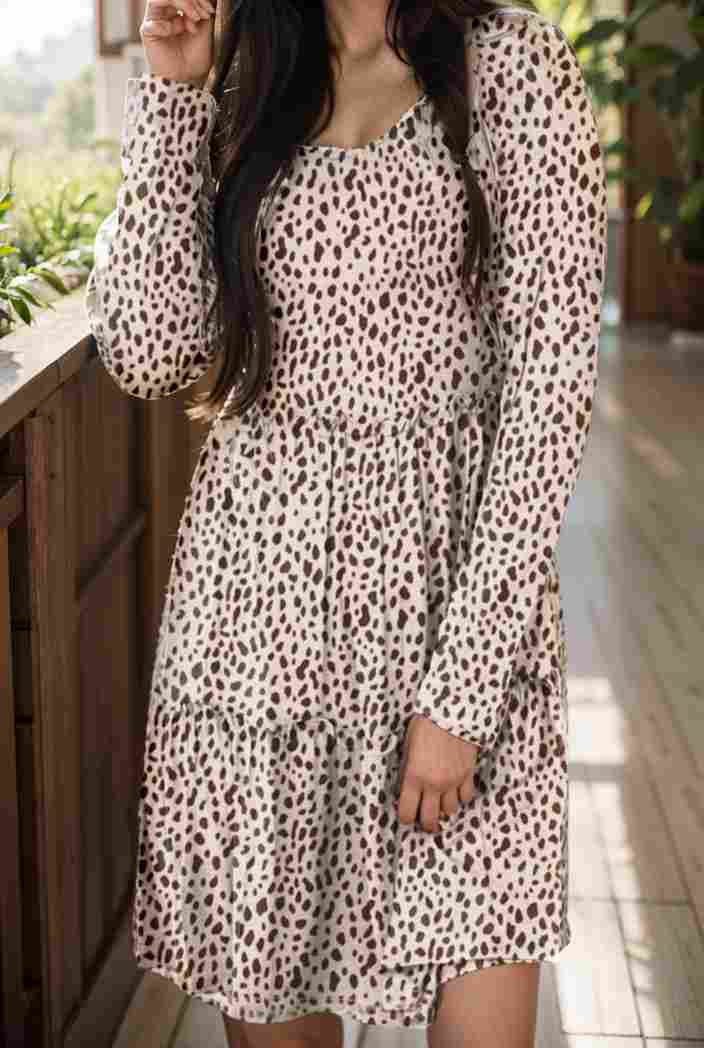 loose leopard print v neck dress drop shoulder a line closed cape paneled 131196