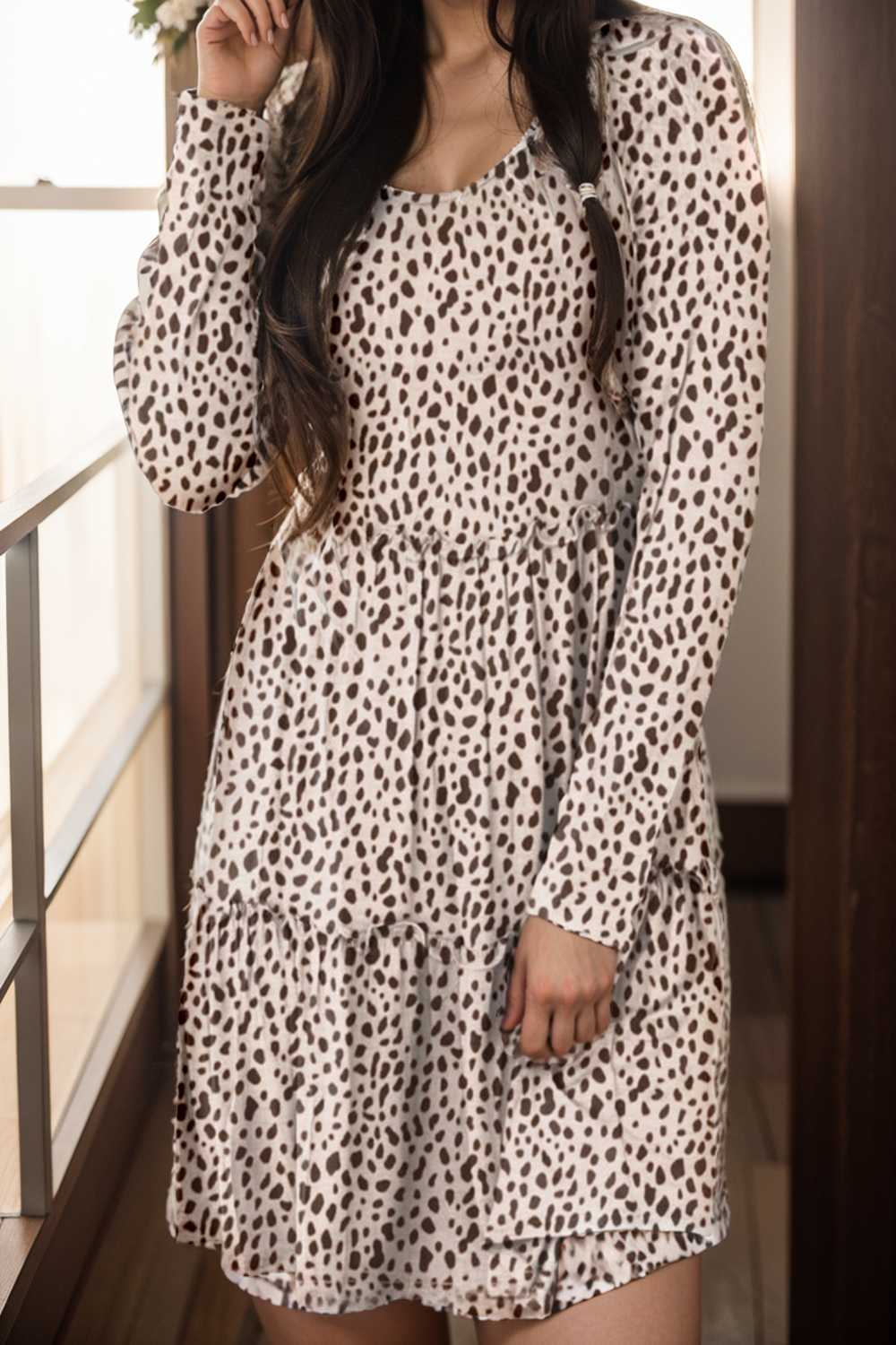 loose leopard print v neck dress drop shoulder a line closed cape paneled 130066