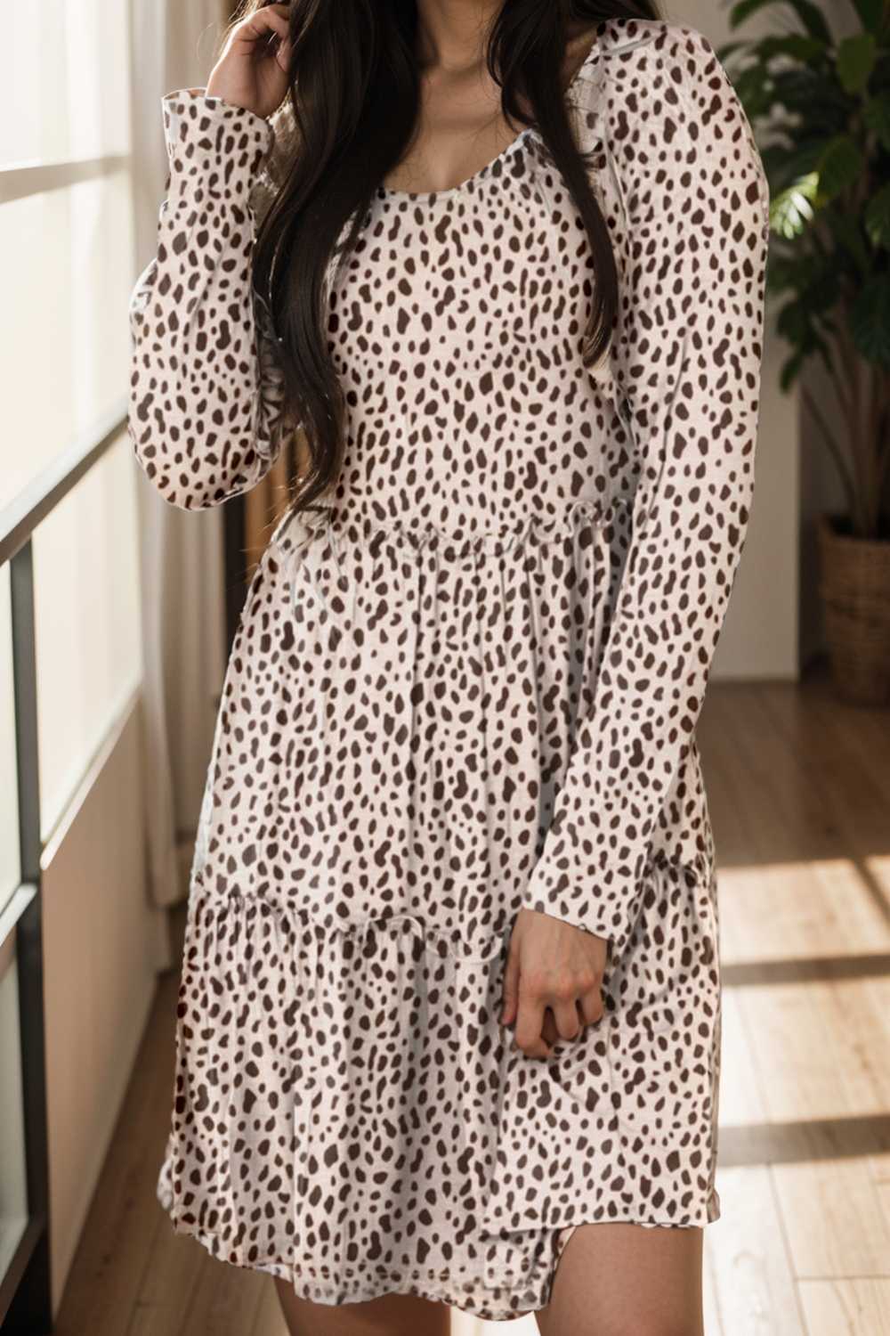 loose leopard print v neck dress drop shoulder a line closed cape paneled 118087