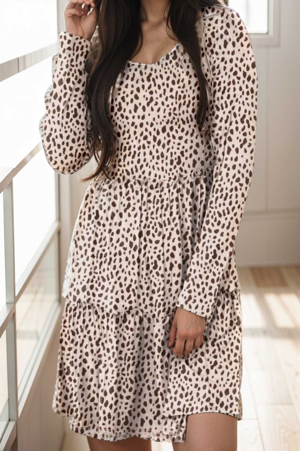 loose leopard print v neck dress drop shoulder a line closed cape paneled 129667