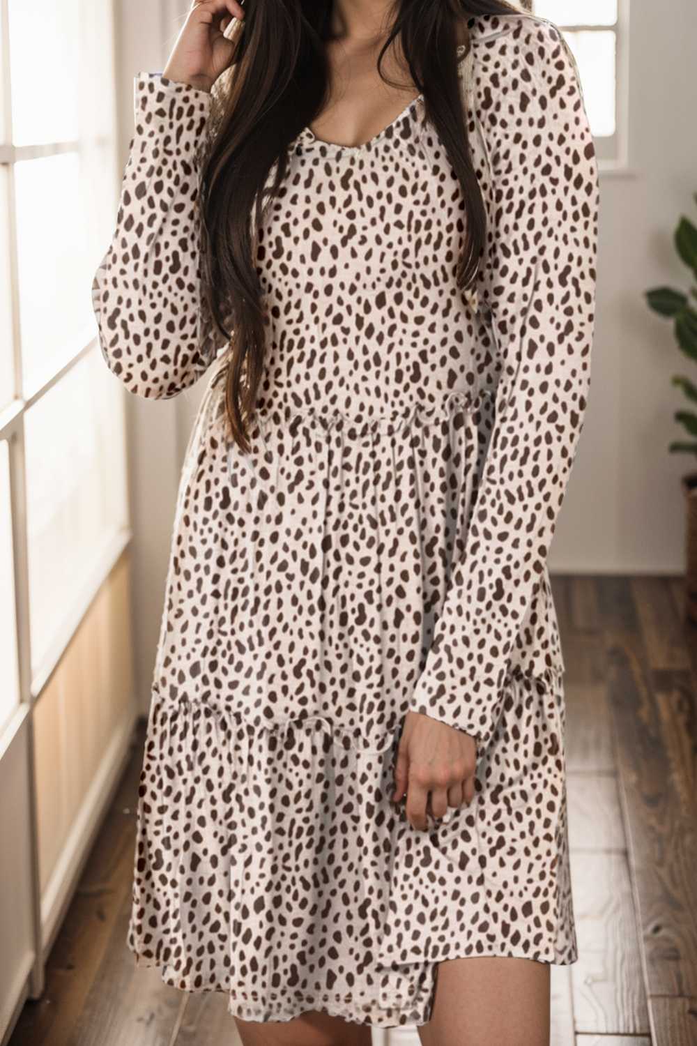 loose leopard print v neck dress drop shoulder a line closed cape paneled 133215