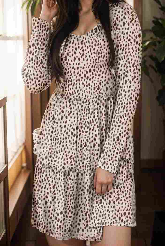 loose leopard print v neck dress drop shoulder a line closed cape paneled 118821