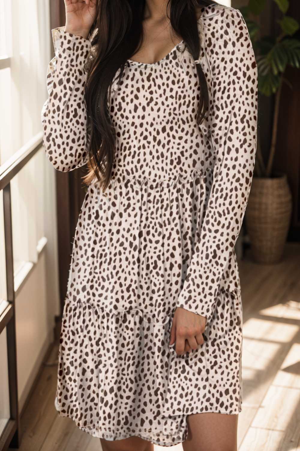 loose leopard print v neck dress drop shoulder a line closed cape paneled 118086