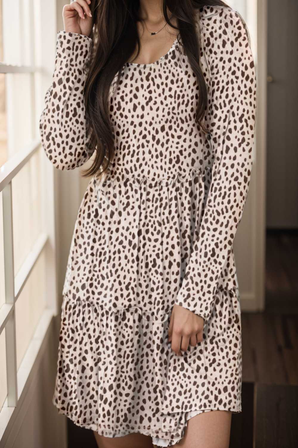 loose leopard print v neck dress drop shoulder a line closed cape paneled 135996