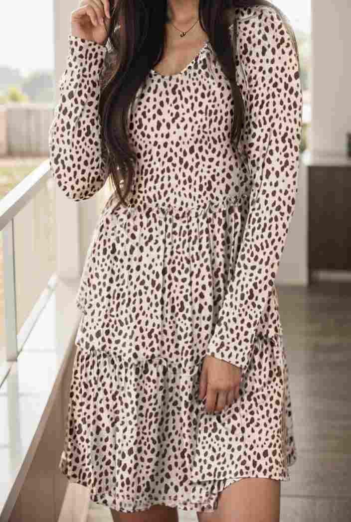loose leopard print v neck dress drop shoulder a line closed cape paneled 118820