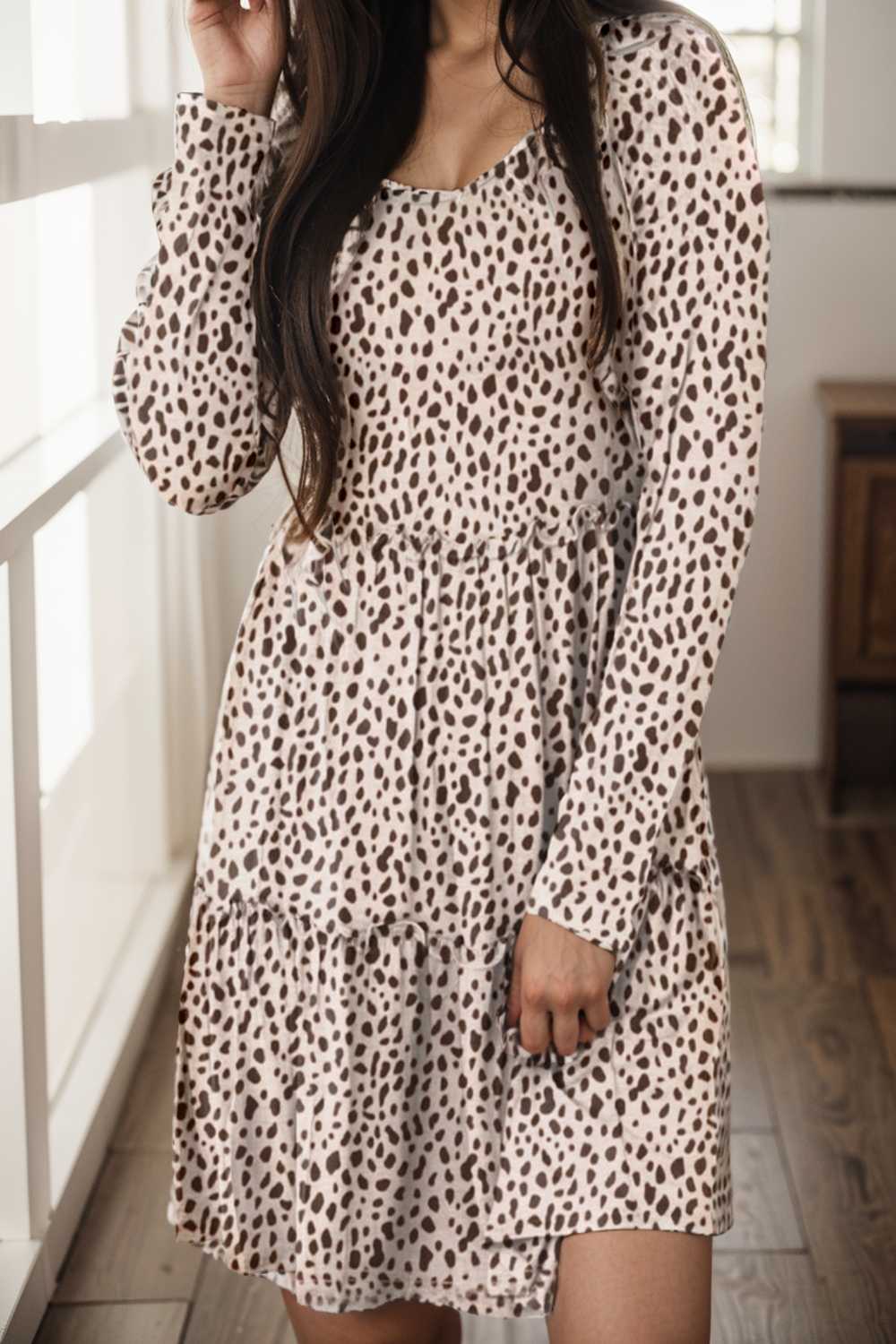 loose leopard print v neck dress drop shoulder a line closed cape paneled 133213