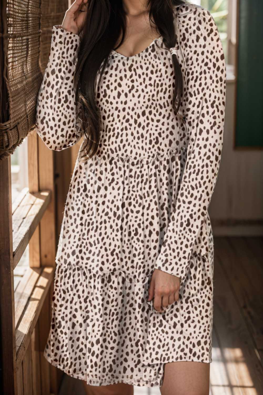 loose leopard print v neck dress drop shoulder a line closed cape paneled 118085
