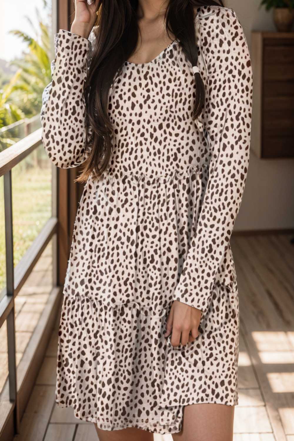 loose leopard print v neck dress drop shoulder a line closed cape paneled 143620