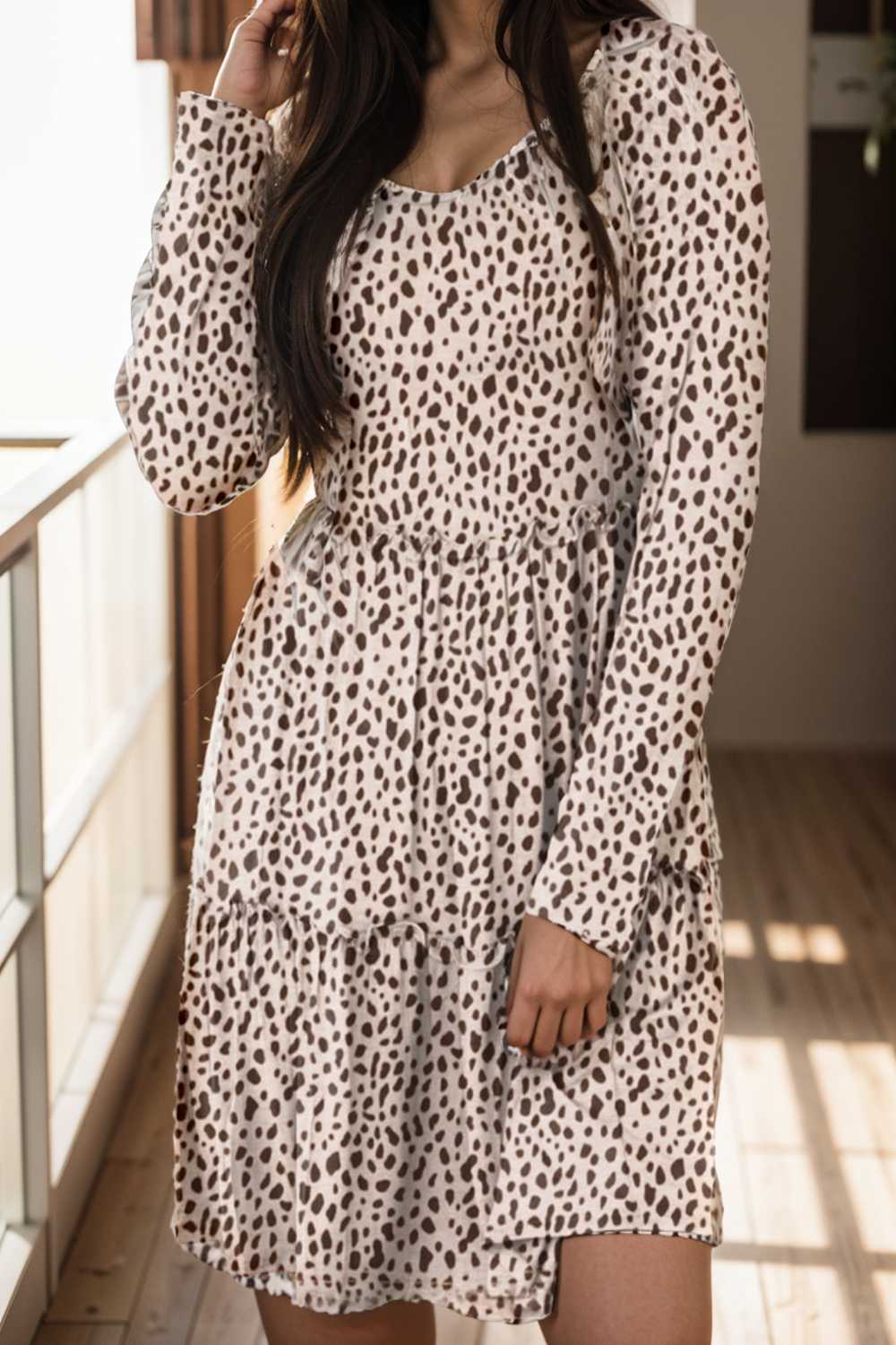 loose leopard print v neck dress drop shoulder a line closed cape paneled 127567