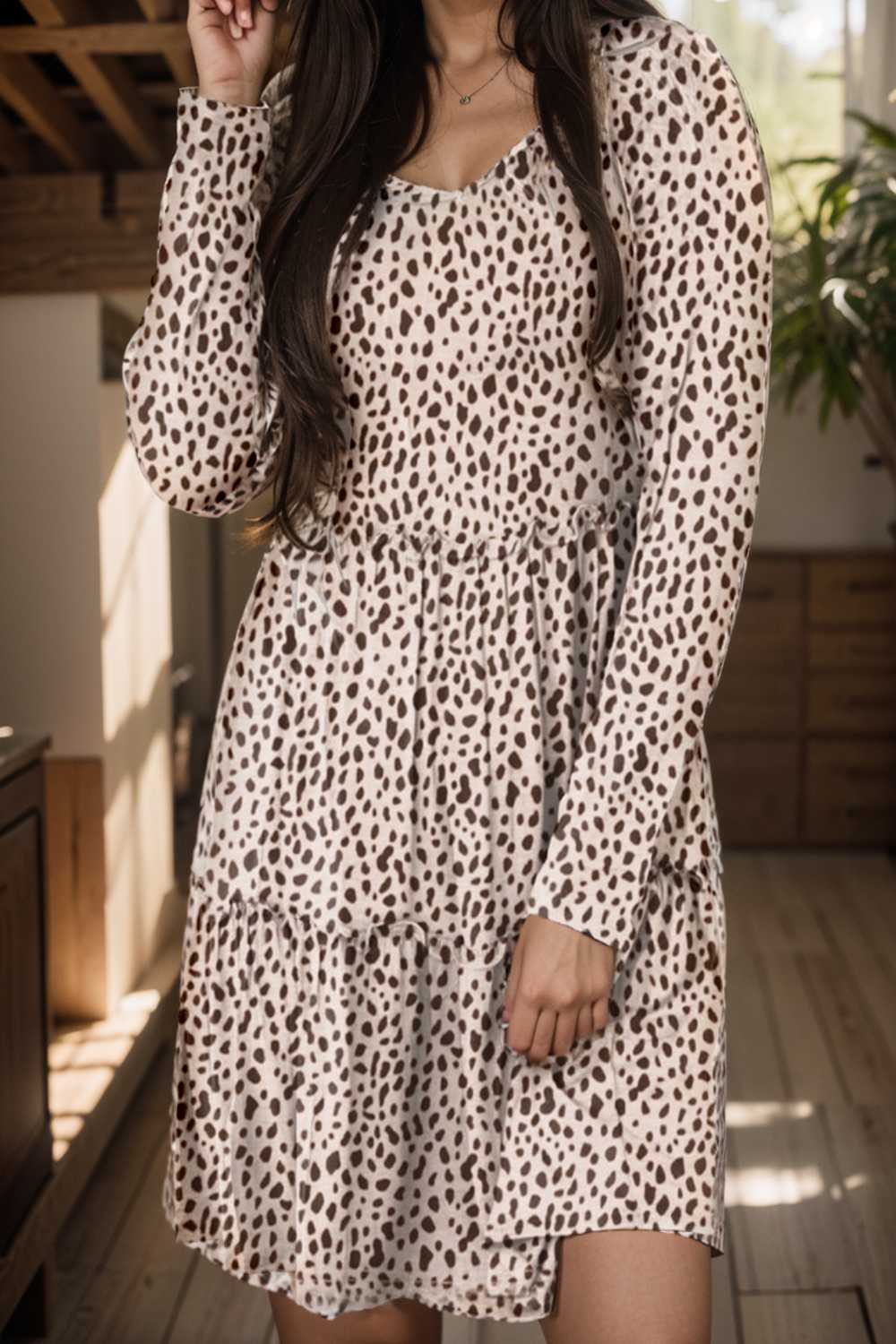 loose leopard print v neck dress drop shoulder a line closed cape paneled 143619