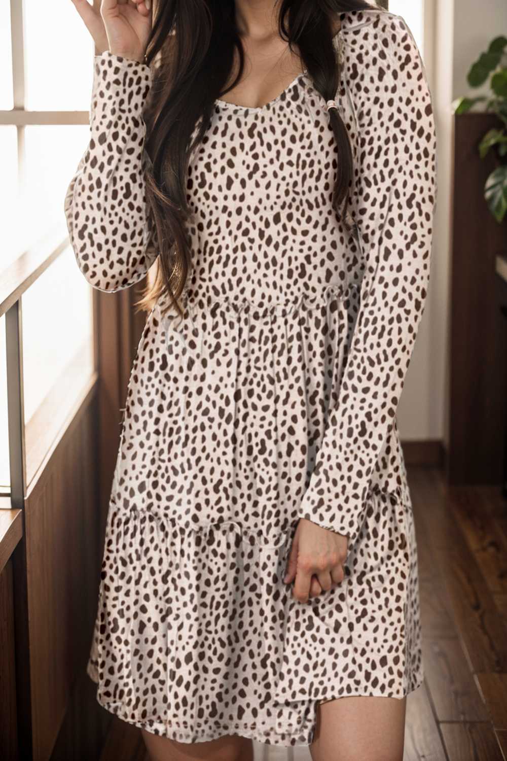 loose leopard print v neck dress drop shoulder a line closed cape paneled 133212