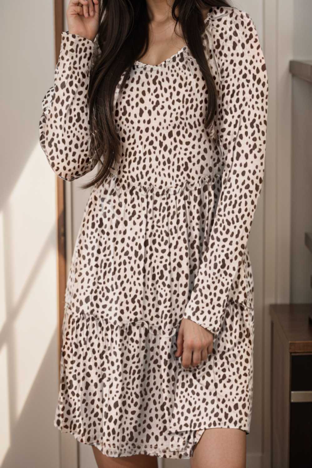 loose leopard print v neck dress drop shoulder a line closed cape paneled 118084