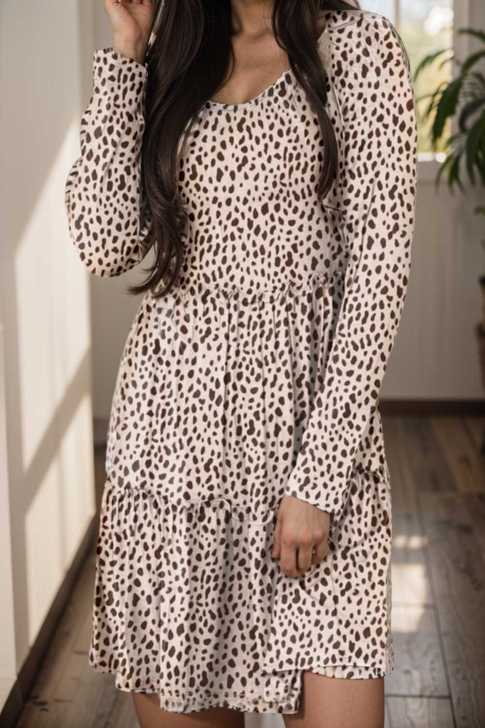 loose leopard print v neck dress drop shoulder a line closed cape paneled 133211