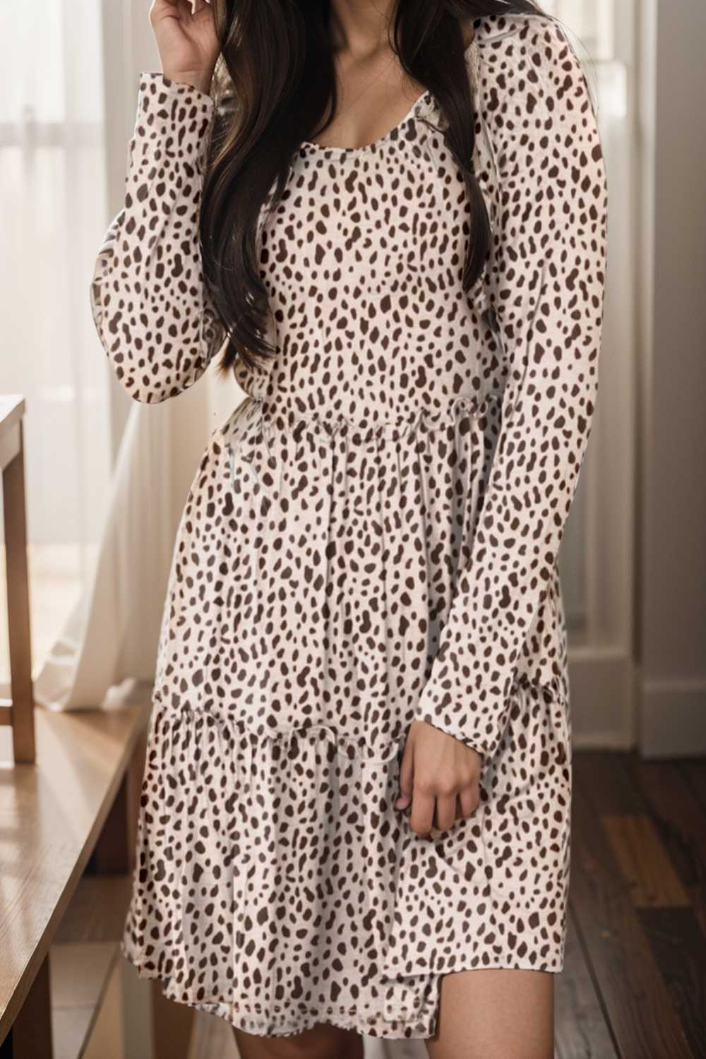 loose leopard print v neck dress drop shoulder a line closed cape paneled 127566