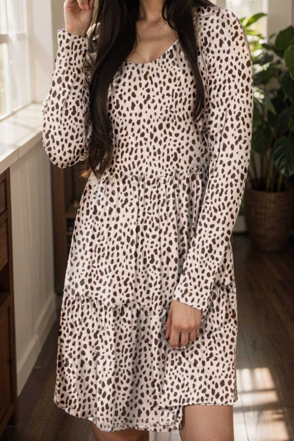 loose leopard print v neck dress drop shoulder a line closed cape paneled 118082