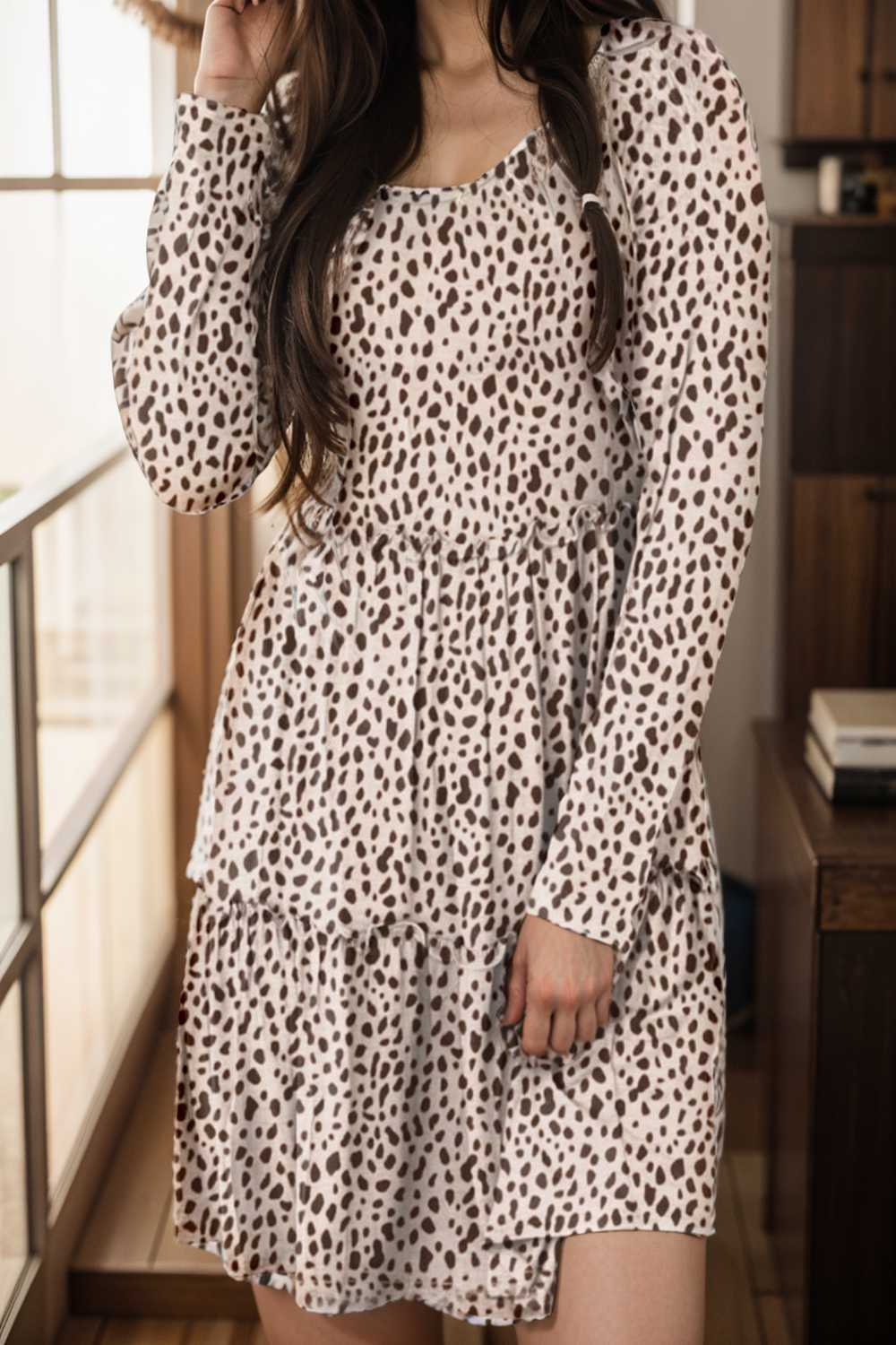 loose leopard print v neck dress drop shoulder a line closed cape paneled 133210