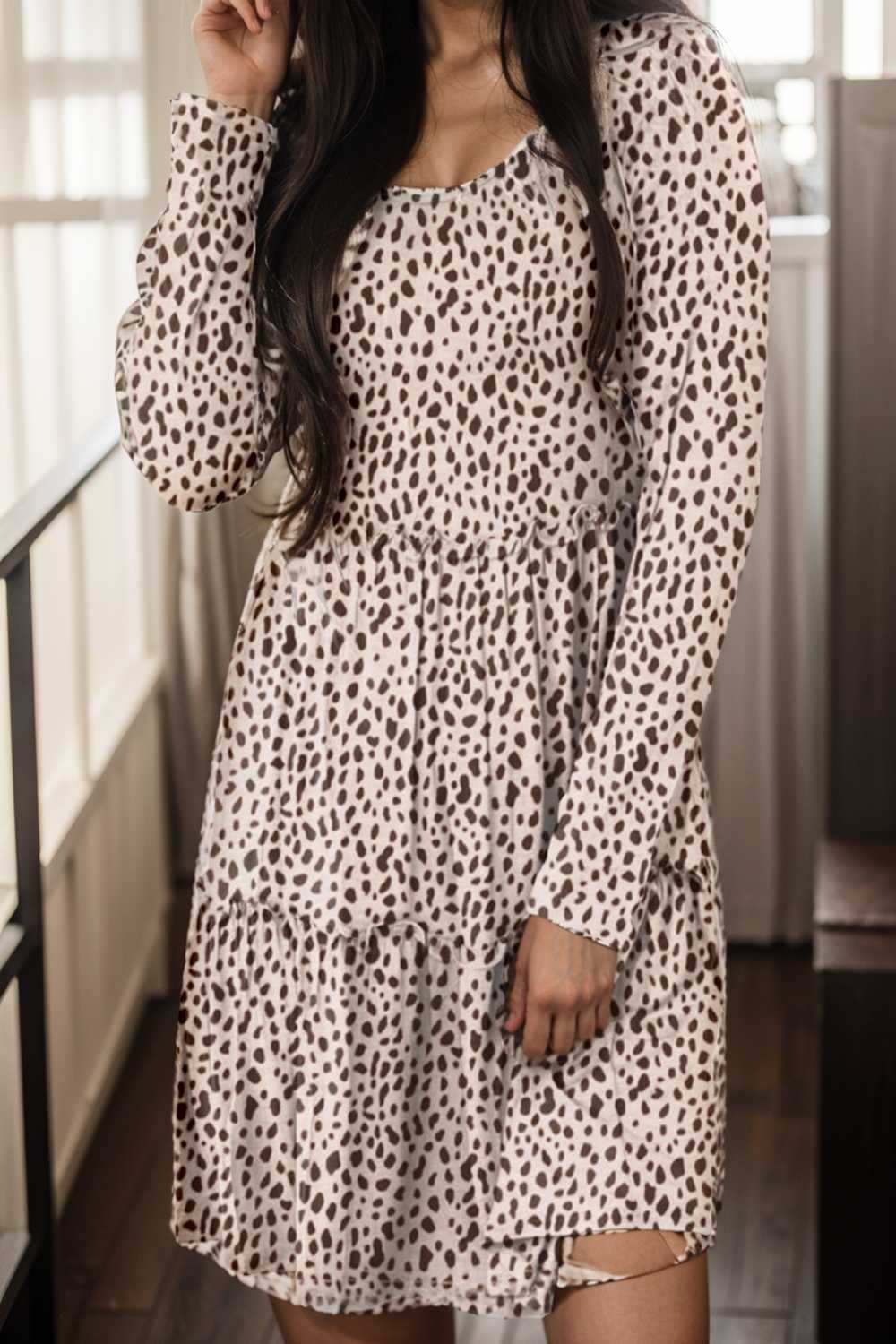 loose leopard print v neck dress drop shoulder a line closed cape paneled 133209