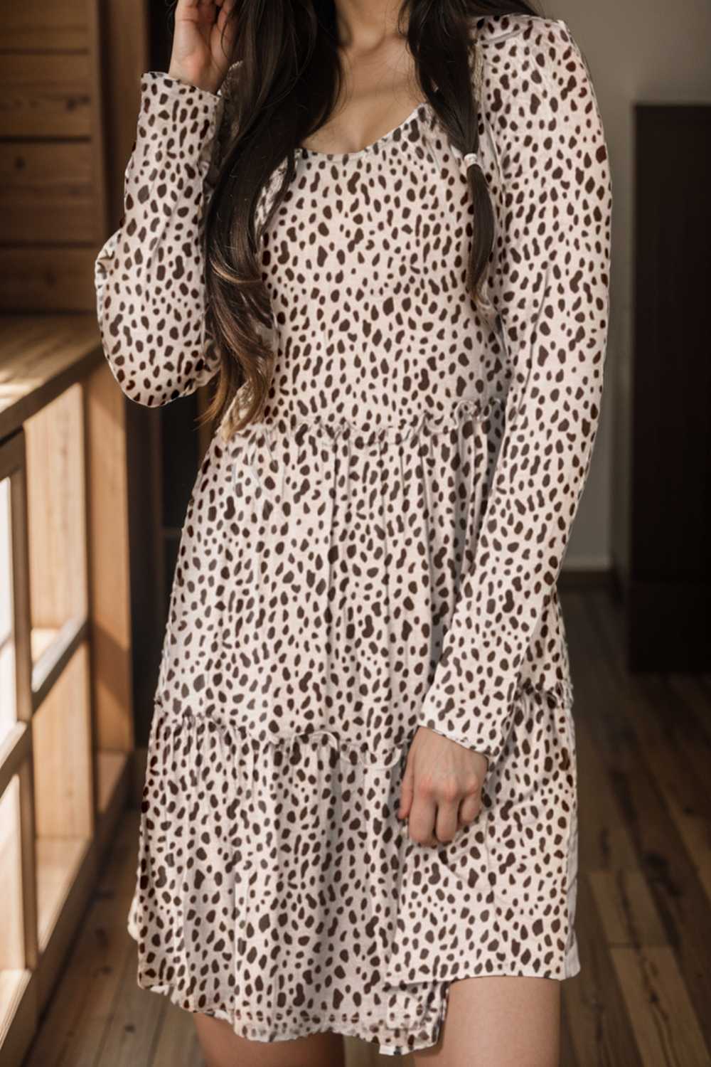 loose leopard print v neck dress drop shoulder a line closed cape paneled 118080