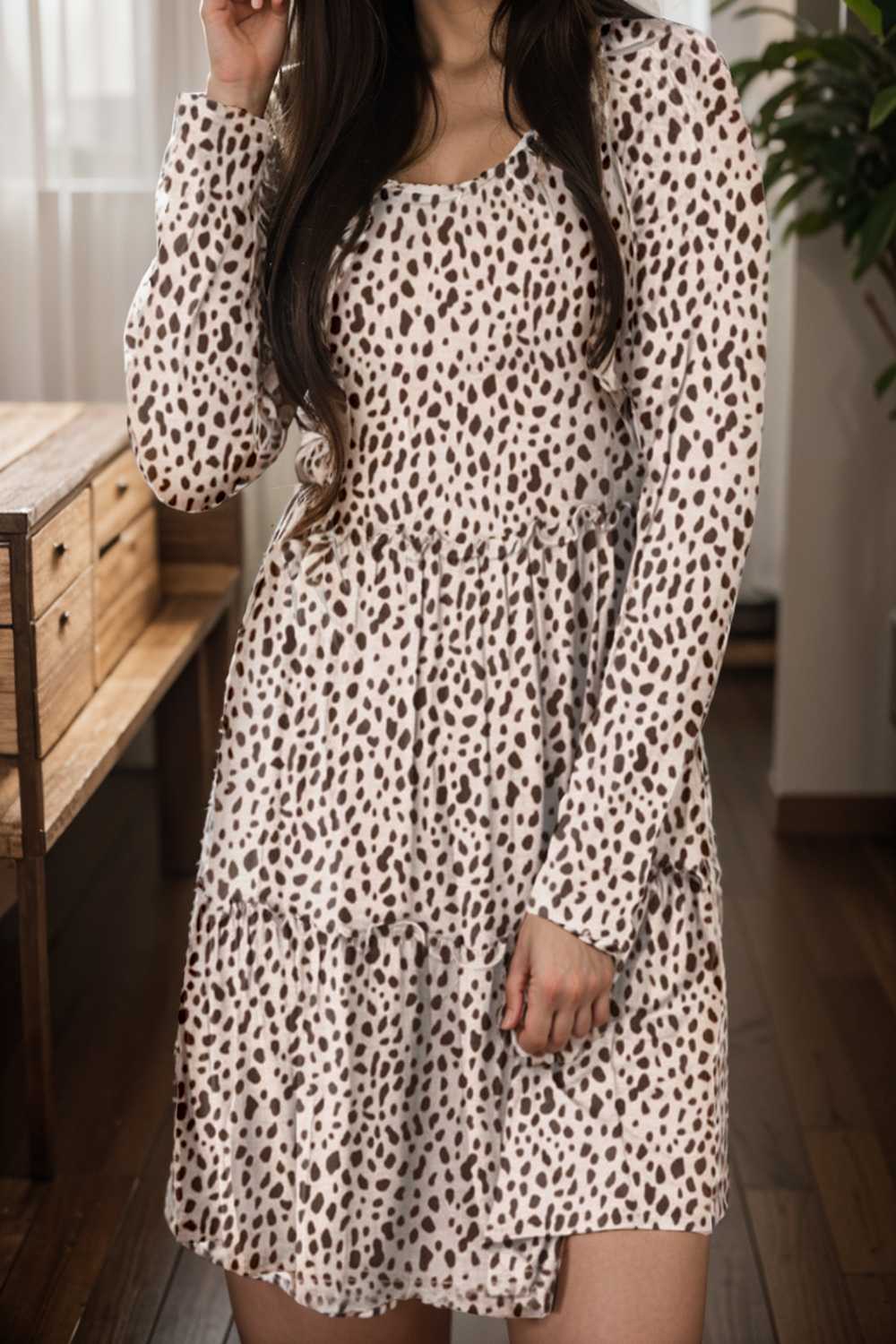 loose leopard print v neck dress drop shoulder a line closed cape paneled 118079