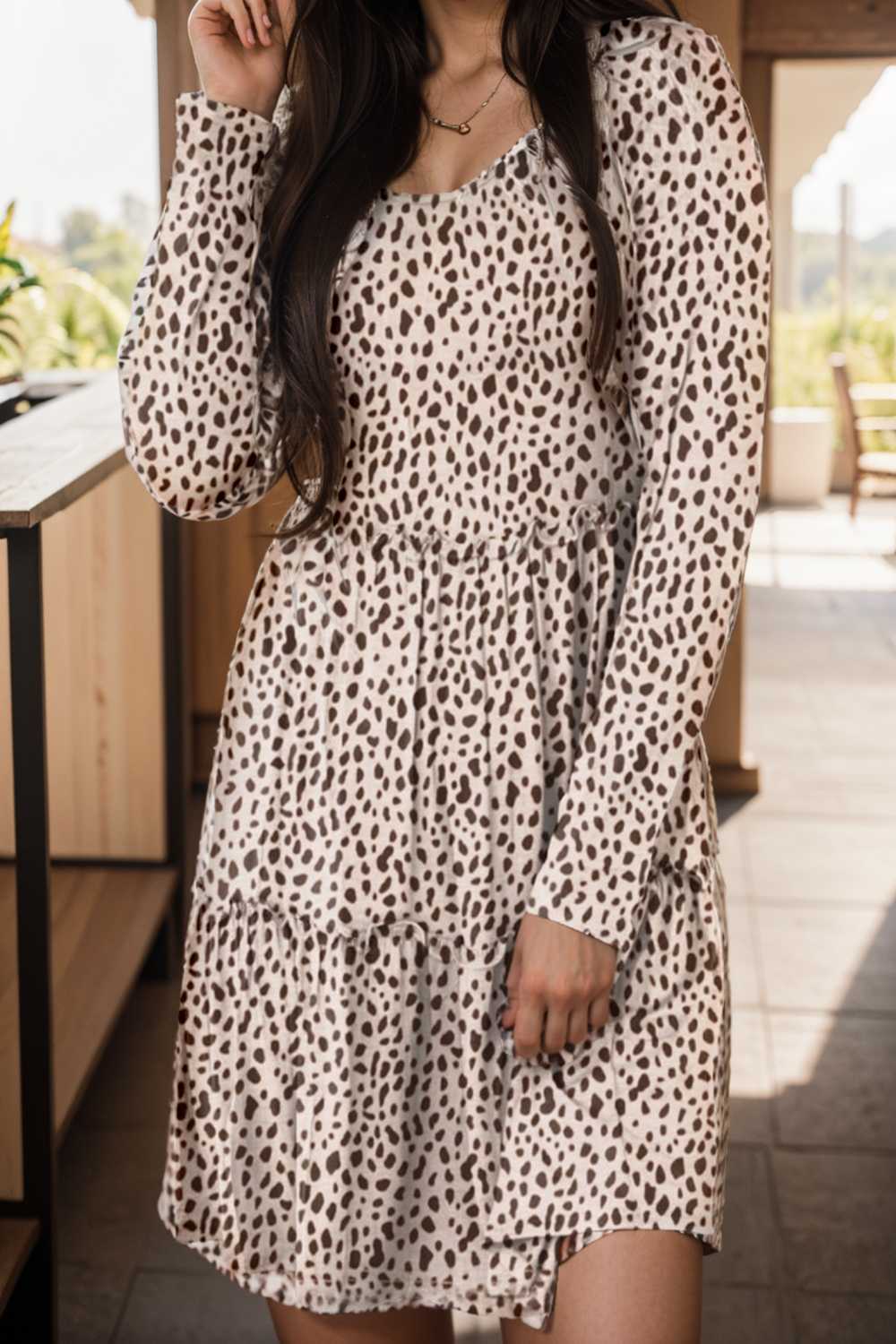 loose leopard print v neck dress drop shoulder a line closed cape paneled 118077