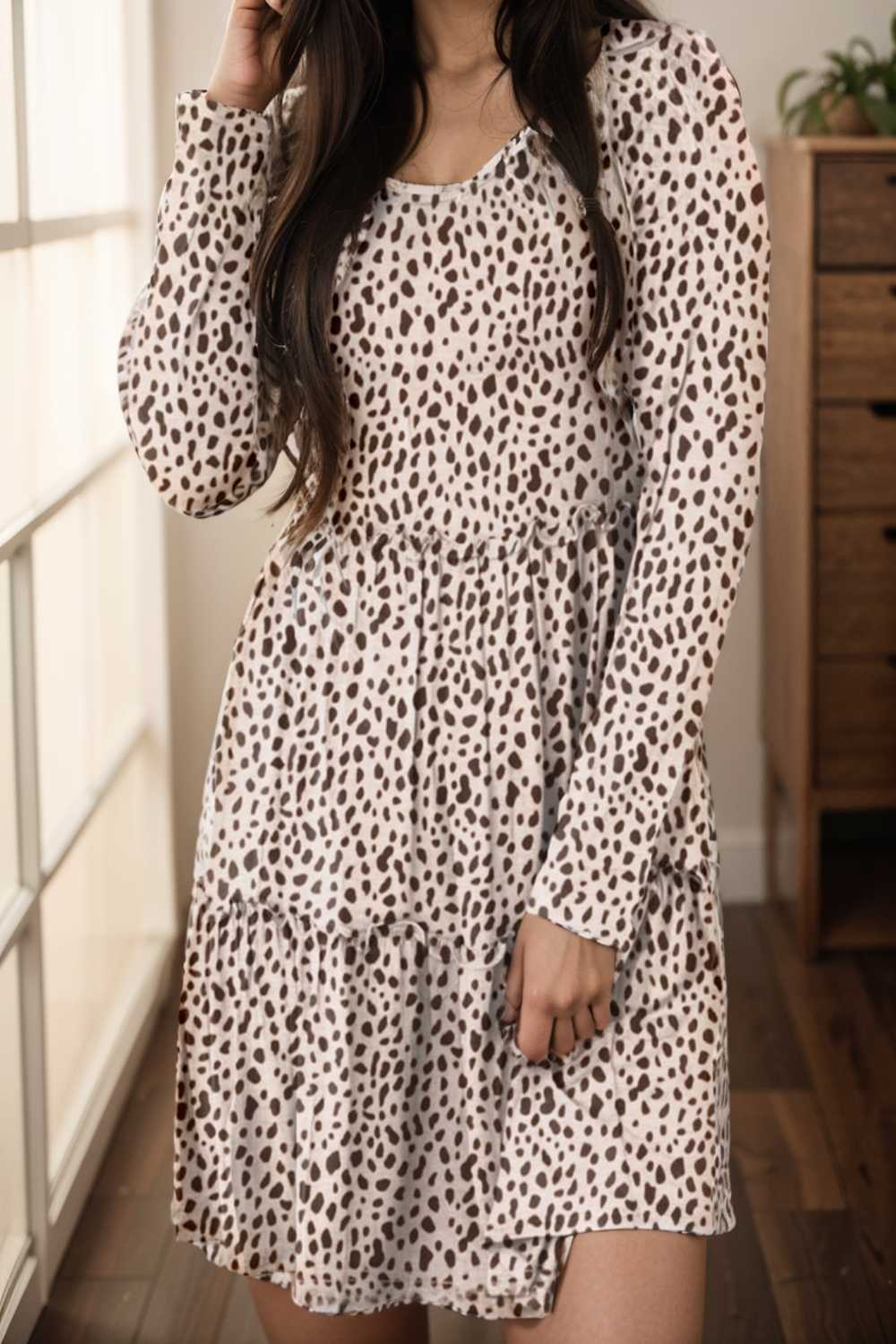 loose leopard print v neck dress drop shoulder a line closed cape paneled 143612
