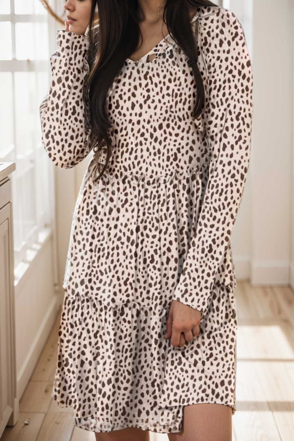 loose leopard print v neck dress drop shoulder a line closed cape paneled 117640