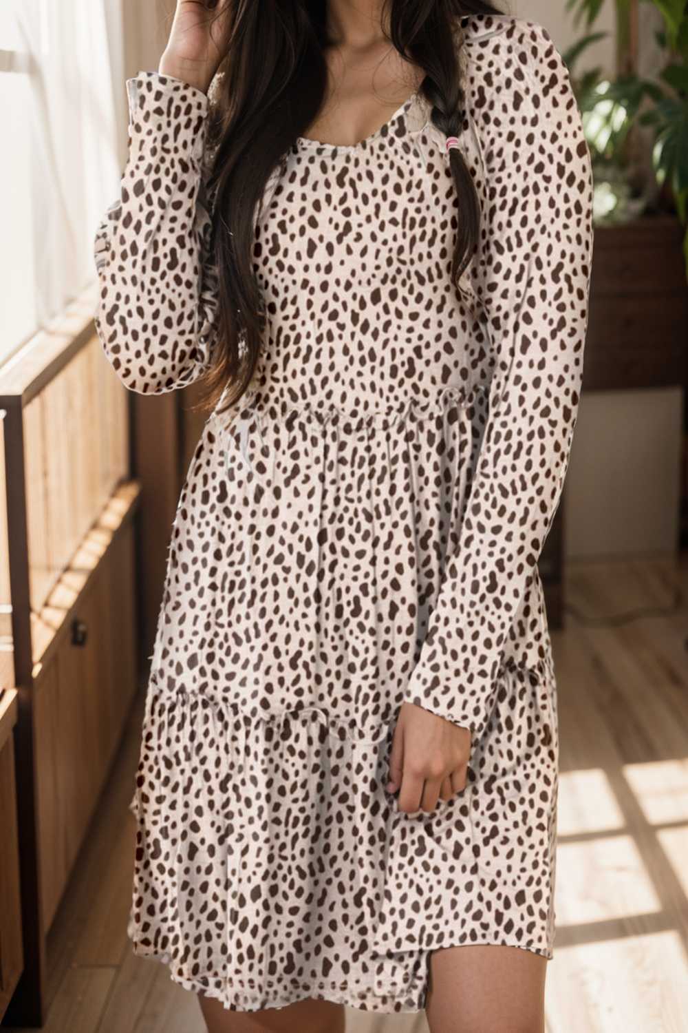 loose leopard print v neck dress drop shoulder a line closed cape paneled 143610