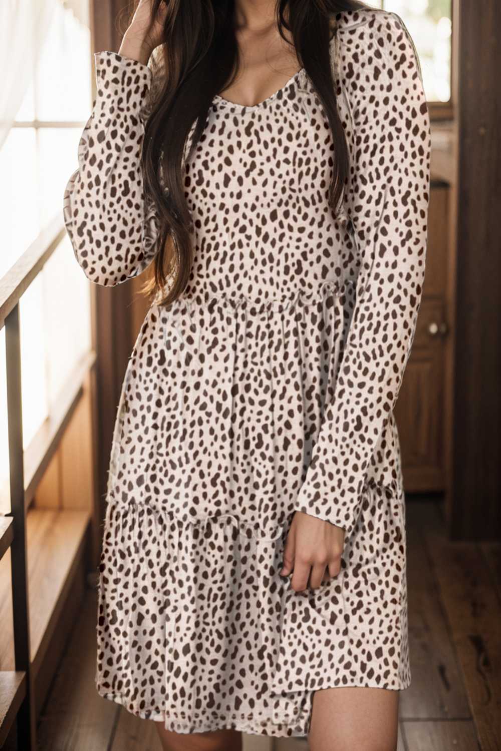loose leopard print v neck dress drop shoulder a line closed cape paneled 143608
