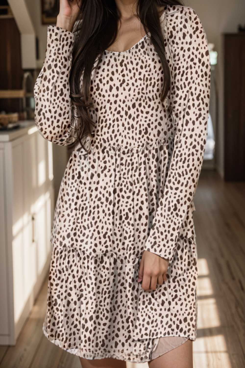 loose leopard print v neck dress drop shoulder a line closed cape paneled 143607