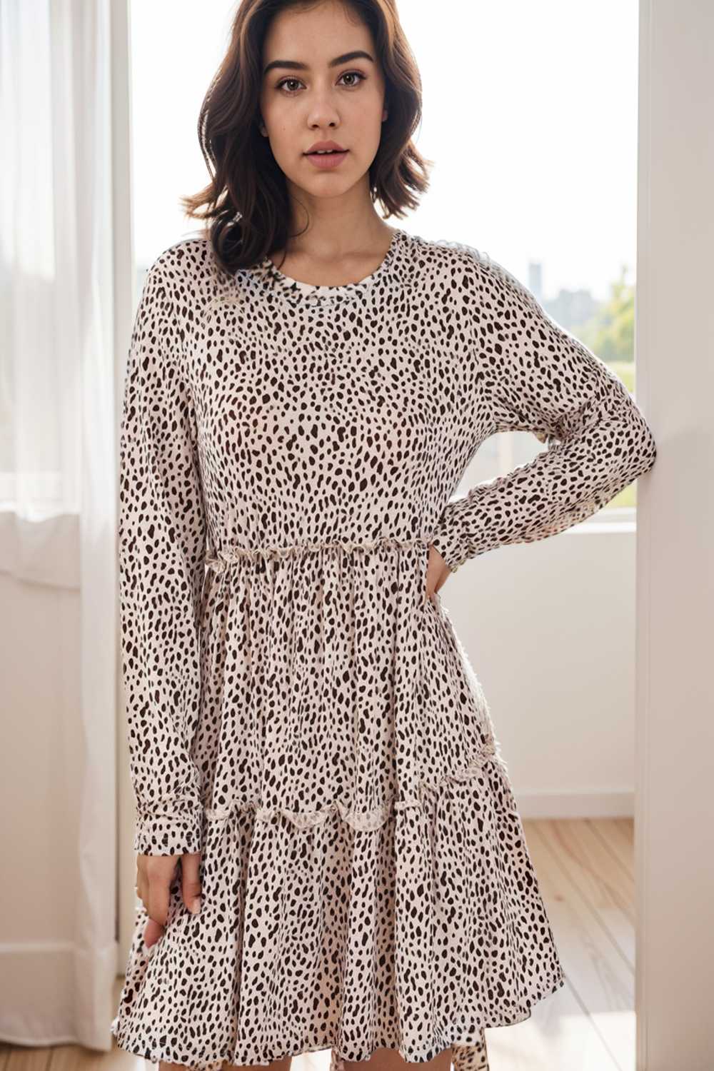 loose leopard print v neck dress drop shoulder a line closed cape paneled 143606