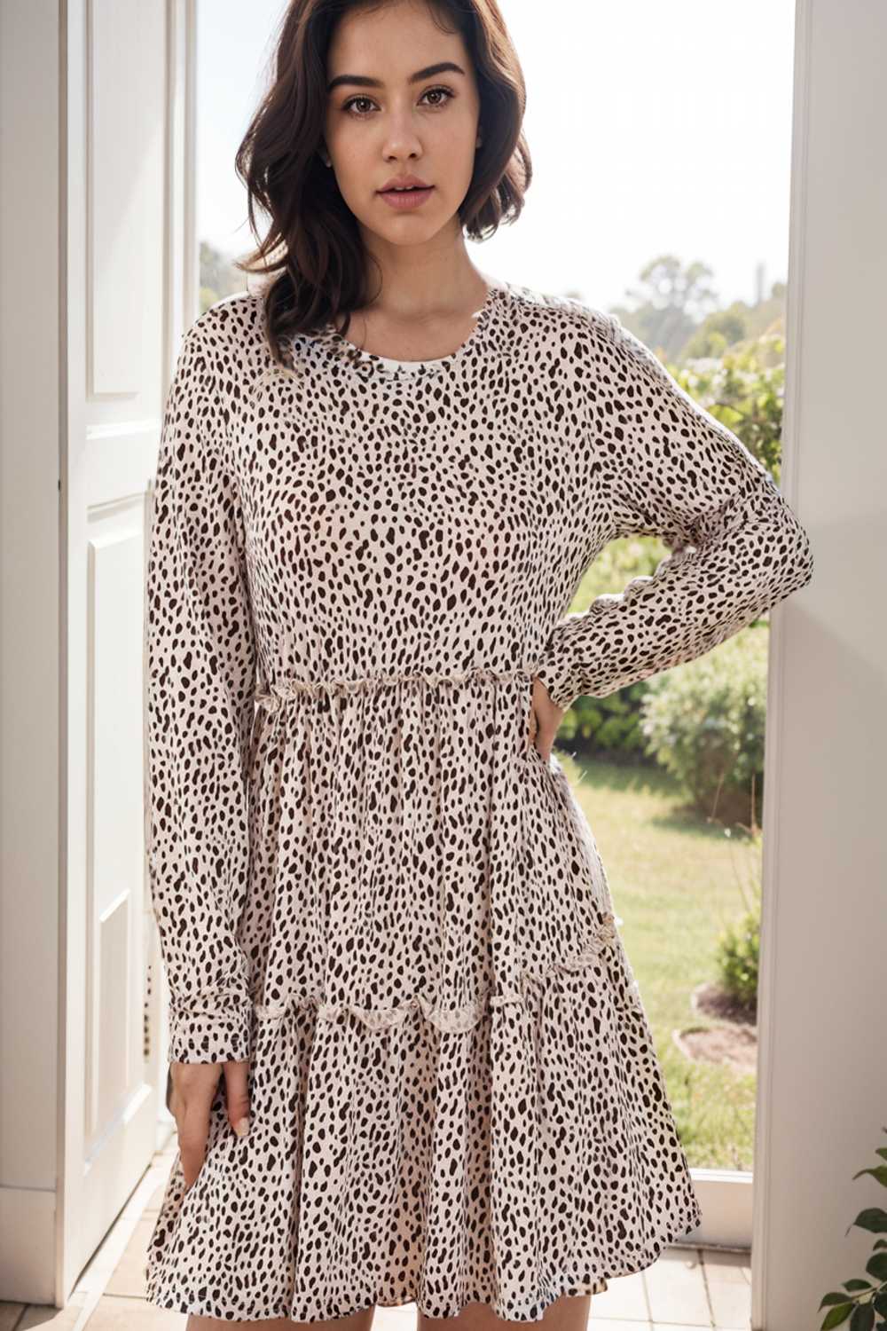 loose leopard print v neck dress drop shoulder a line closed cape paneled 127563